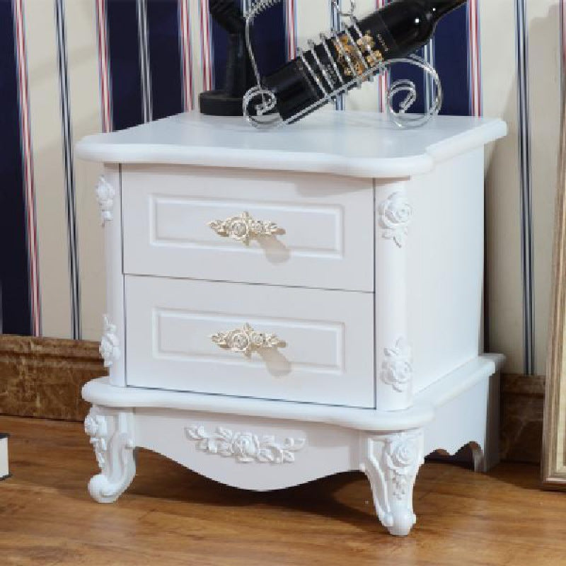 European Carved Solid Wood 2-Drawer Square Nightstand