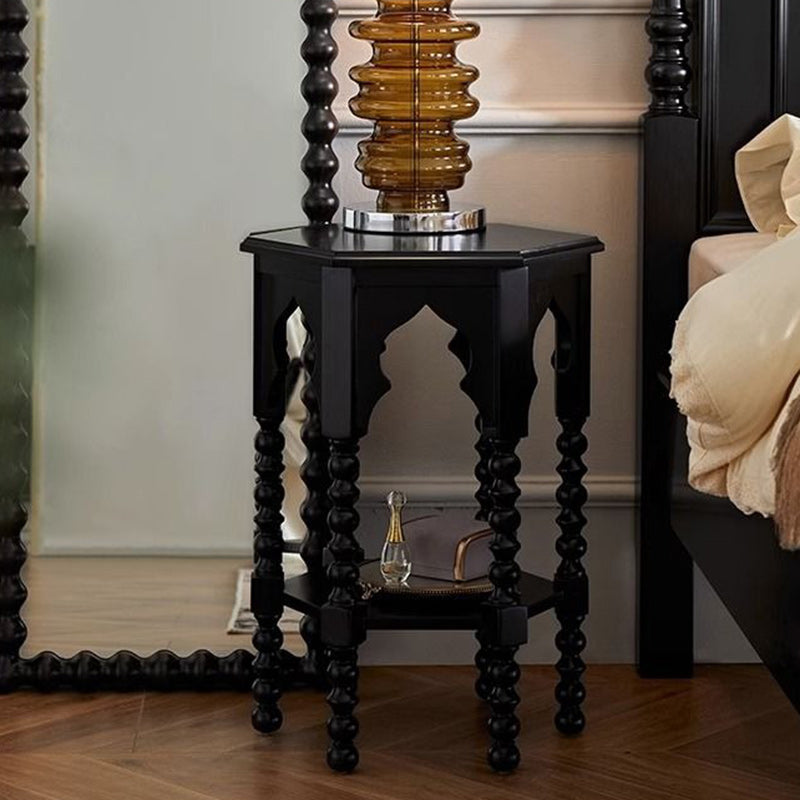French Hexagon Solid Wood 2-Tier Side Table — Dark Walnut Color