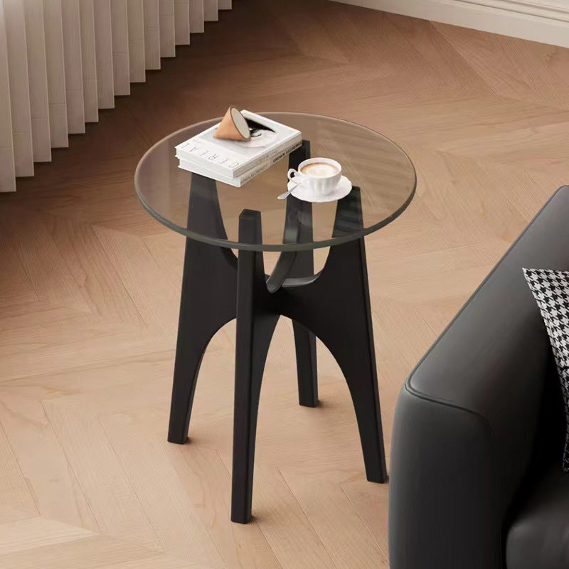 Contemporary Round Glass Wood Side Table — Black