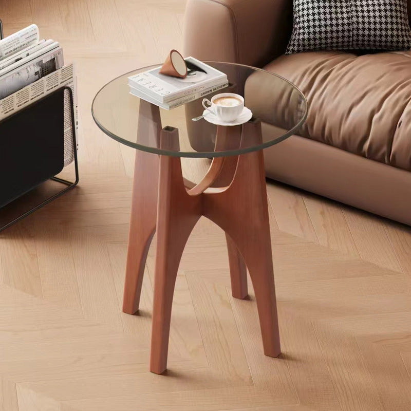 Contemporary Round Glass Wood Side Table — Dark Walnut Color