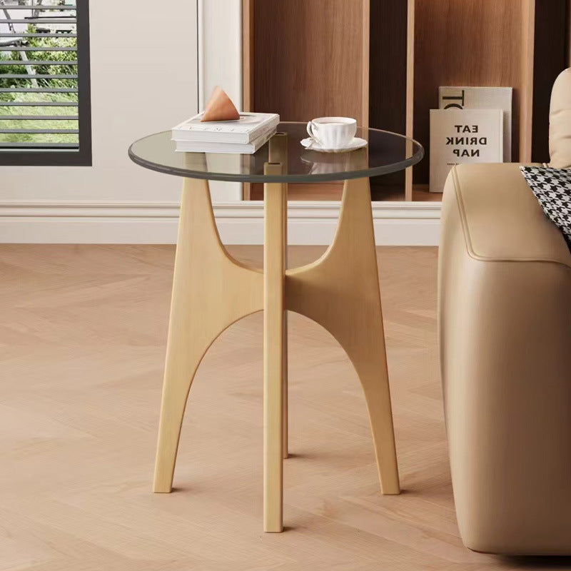 Contemporary Round Glass Wood Side Table — Wood Color