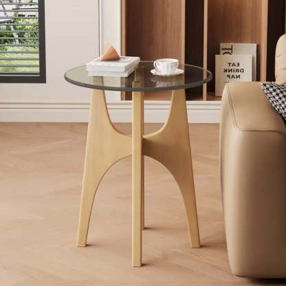 Contemporary Round Glass Wood Side Table — Wood Color