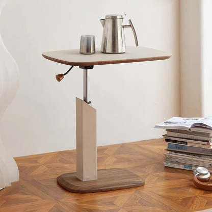 Modern Liftable Swivel Leather Solid Wood End Table — Beige + Wood Color