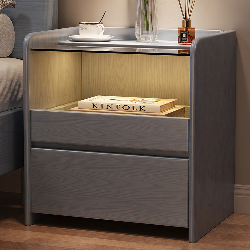 Minimalist Glass Ash Wood 2-Drawer Nightstand