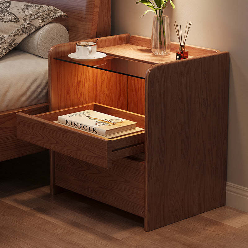 Minimalist Glass Ash Wood 2-Drawer Nightstand