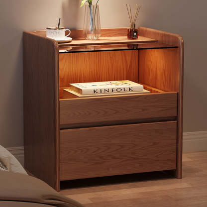 Minimalist Glass Ash Wood 2-Drawer Nightstand — Wood Color