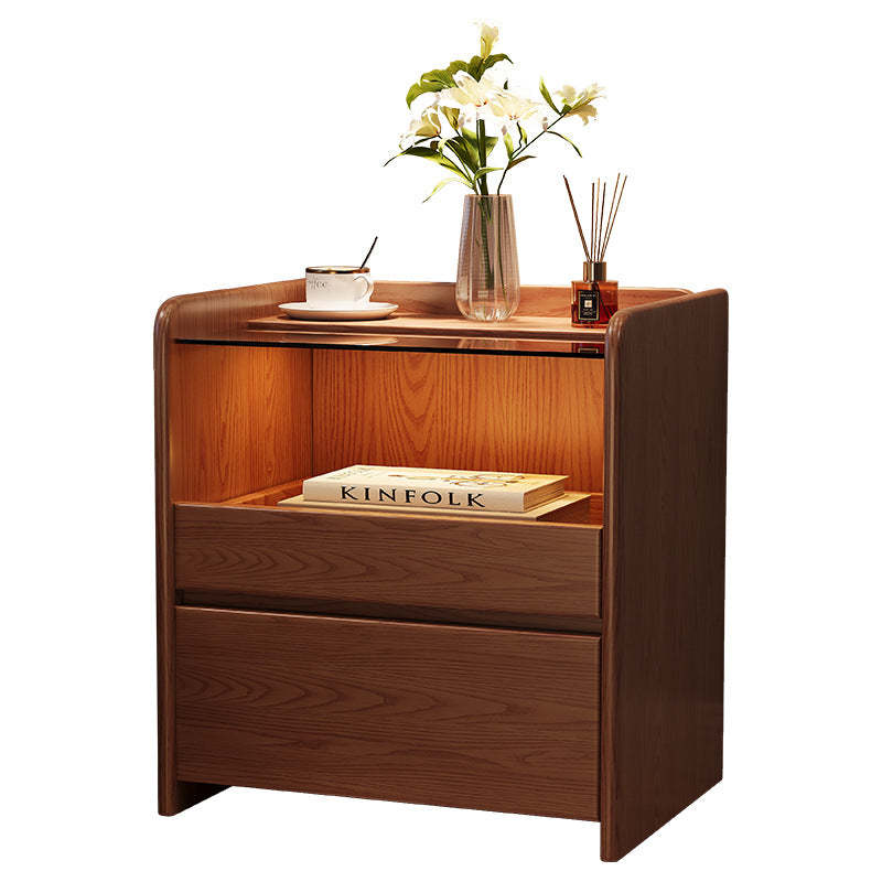 Minimalist Glass Ash Wood 2-Drawer Nightstand