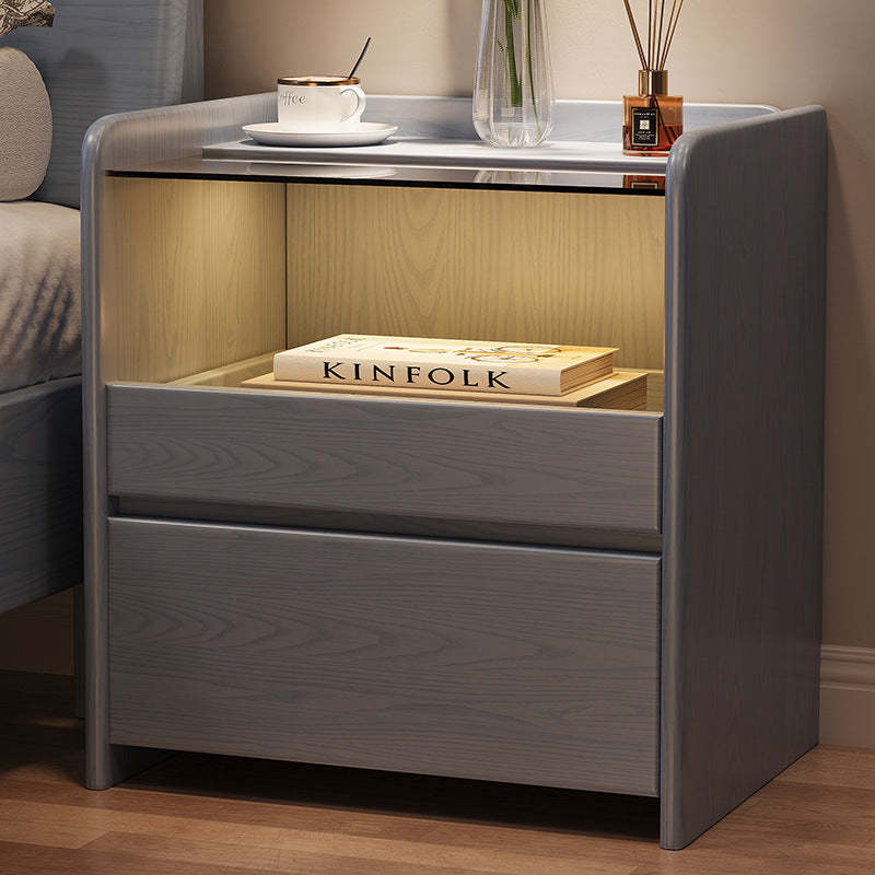 Minimalist Glass Ash Wood 2-Drawer Nightstand