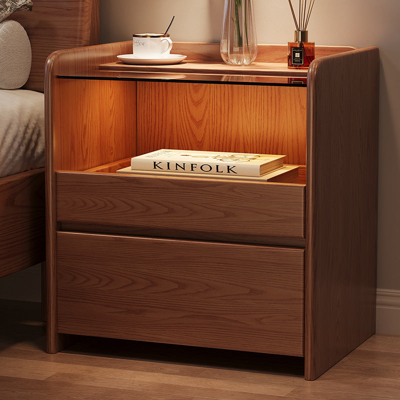 Minimalist Glass Ash Wood 2-Drawer Nightstand