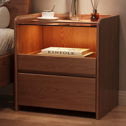 Minimalist Glass Ash Wood 2-Drawer Nightstand