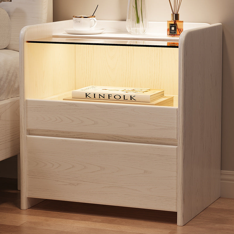Minimalist Glass Ash Wood 2-Drawer Nightstand — White