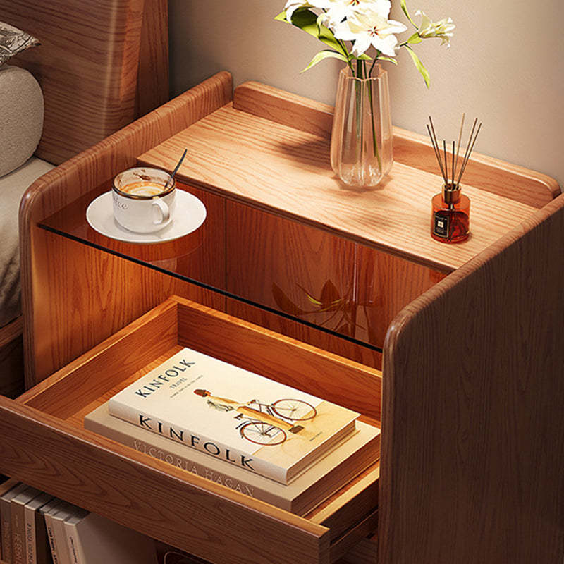 Minimalist Glass Ash Wood 2-Drawer Nightstand