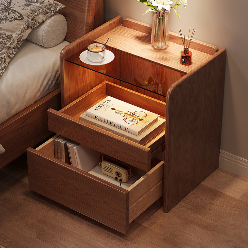 Minimalist Glass Ash Wood 2-Drawer Nightstand