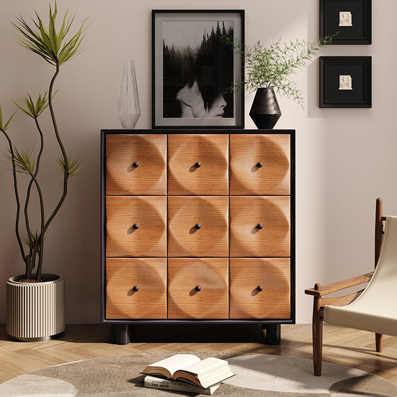 Retro Oak Pine 9-Drawer Console Table — Black + Brown