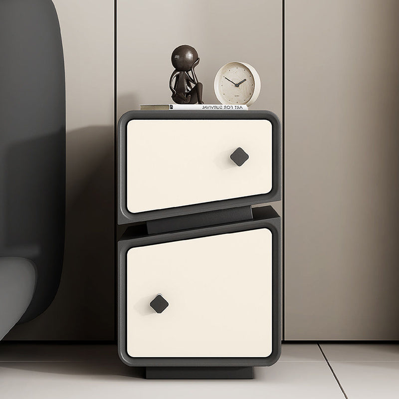 Scandinavian Leather Wood 2-Drawer Nightstand — Black + White