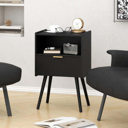 Minimalist Square Wood 1-Drawer Nightstand — Black