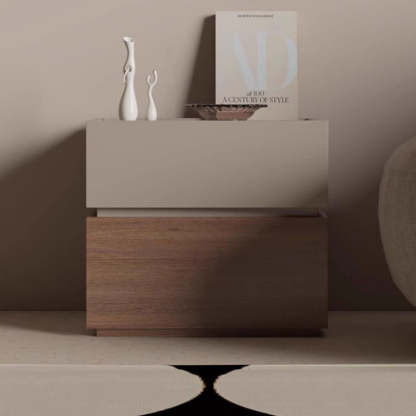 Nordic Stacked Oak 2-Drawer Nightstand — Khaki + Walnut