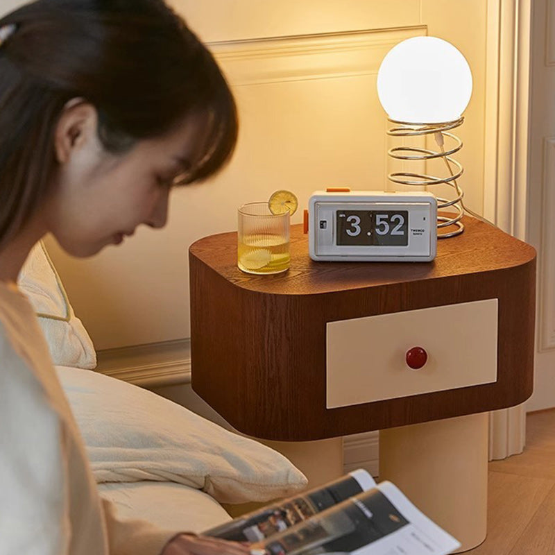 Contemporary Solid Wood Cylinder-Base Rectangular Nightstand