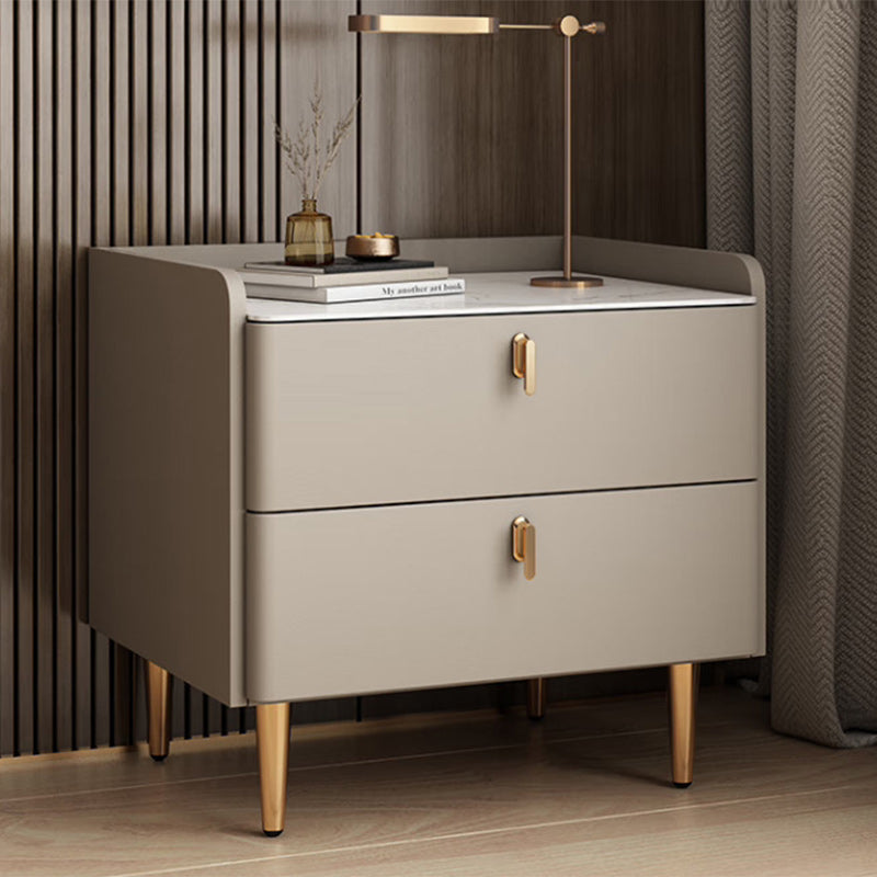 Modern Rock Slab Leather Solid Wood Nightstand 2-Drawer — Champagne