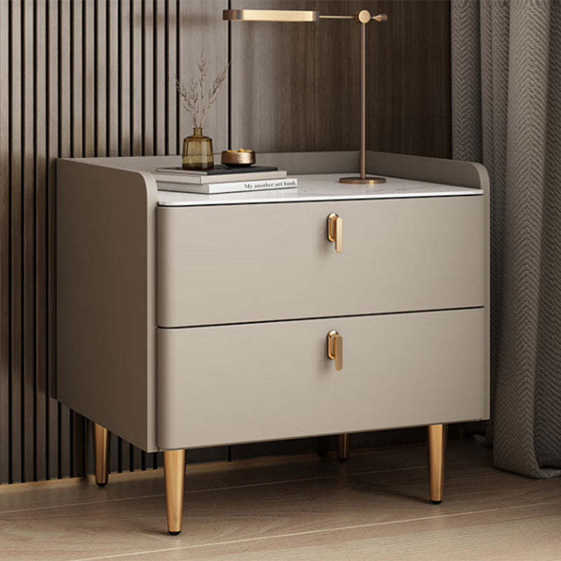 Modern Rock Slab Leather Solid Wood Nightstand 2-Drawer — Champagne