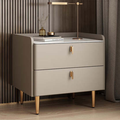 Modern Rock Slab Leather Solid Wood Nightstand 2-Drawer — Champagne