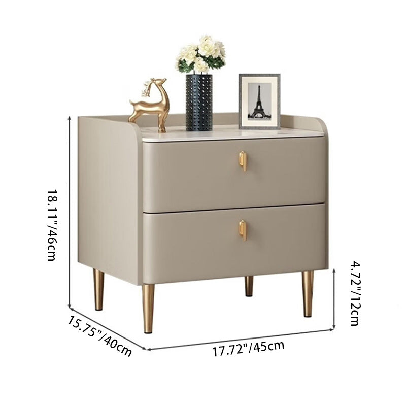 Modern Rock Slab Leather Solid Wood Nightstand 2-Drawer — Light Gray