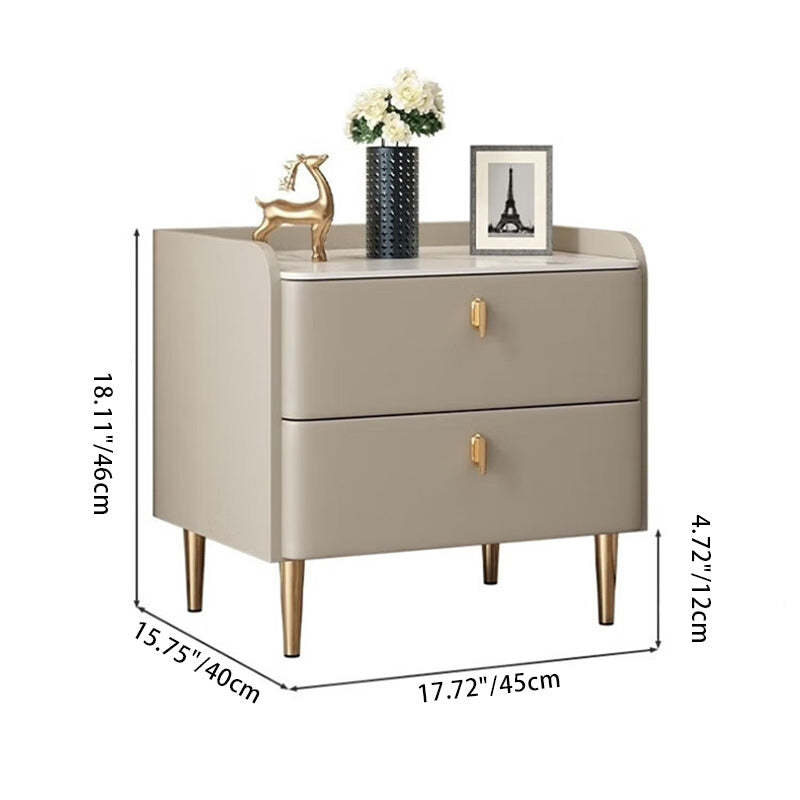 Modern Rock Slab Leather Solid Wood Nightstand 2-Drawer — Light Gray
