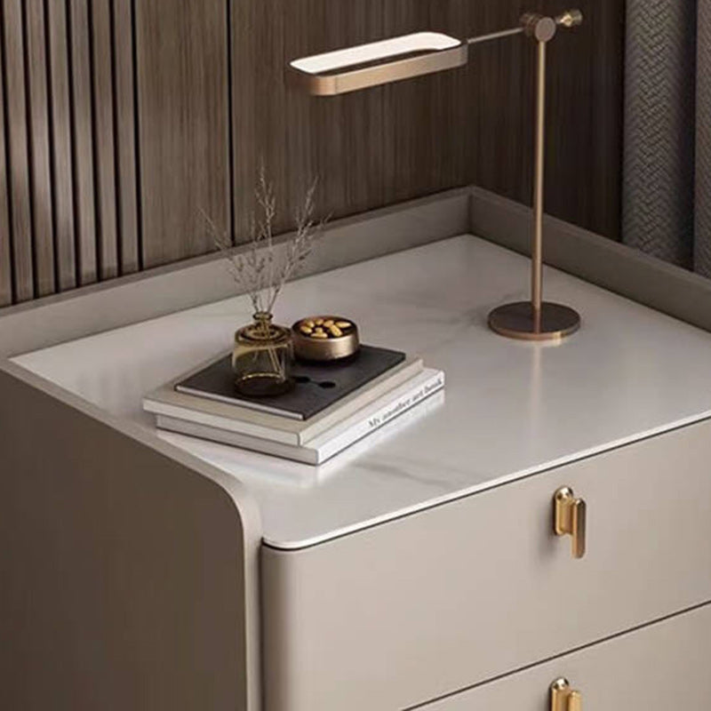 Modern Rock Slab Leather Solid Wood Nightstand 2-Drawer — Champagne