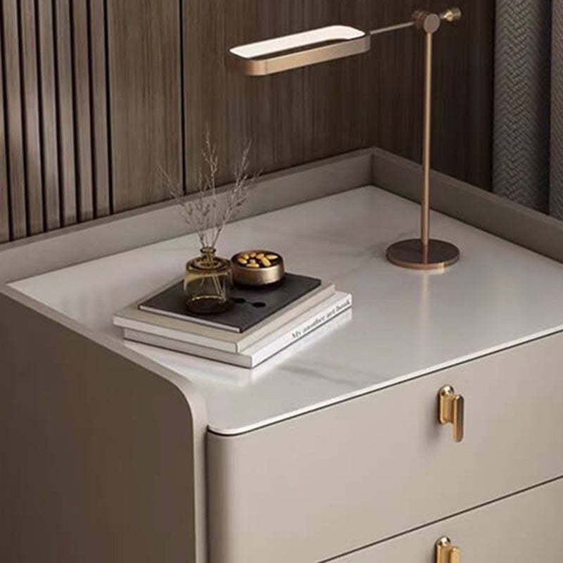 Modern Rock Slab Leather Solid Wood Nightstand 2-Drawer — Champagne