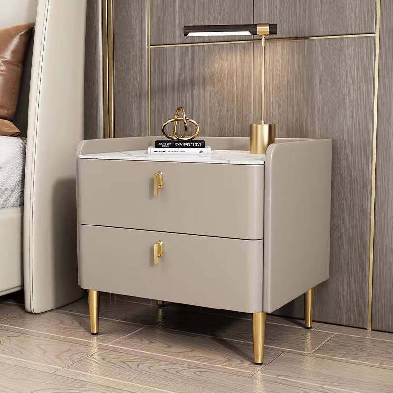 Modern Rock Slab Leather Solid Wood Nightstand 2-Drawer — Light Gray