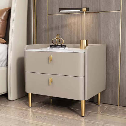 Modern Rock Slab Leather Solid Wood Nightstand 2-Drawer — Light Gray