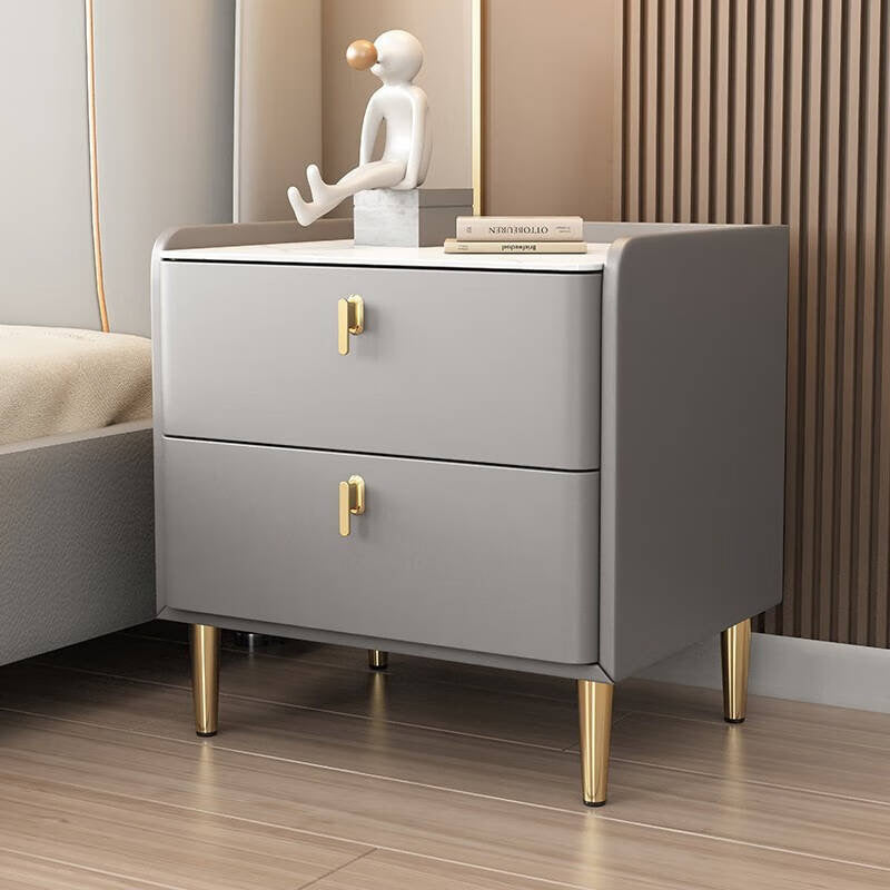 Modern Rock Slab Leather Solid Wood Nightstand 2-Drawer — White