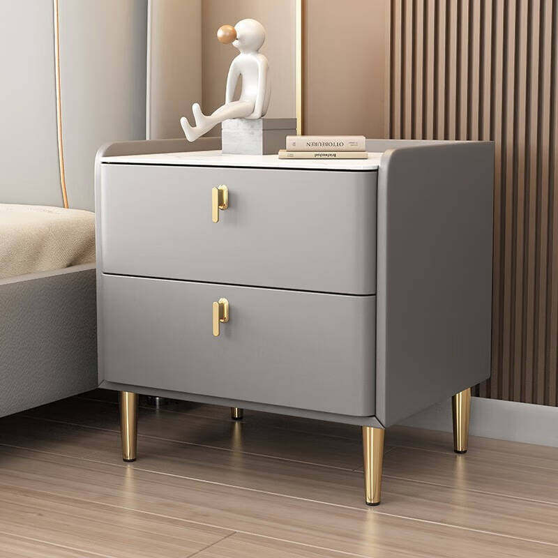 Modern Rock Slab Leather Solid Wood Nightstand 2-Drawer — White