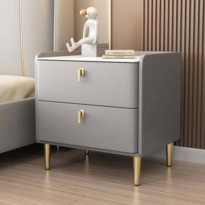 Modern Rock Slab Leather Solid Wood Nightstand 2-Drawer — White