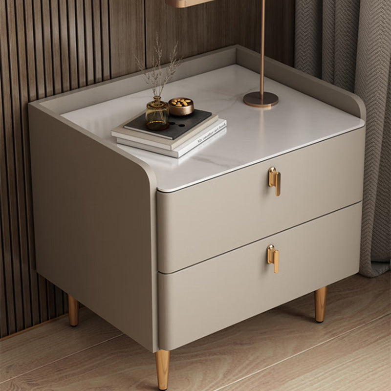 Modern Rock Slab Leather Solid Wood Nightstand 2-Drawer — Light Gray