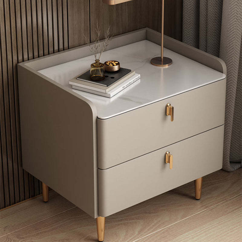 Modern Rock Slab Leather Solid Wood Nightstand 2-Drawer — Light Gray