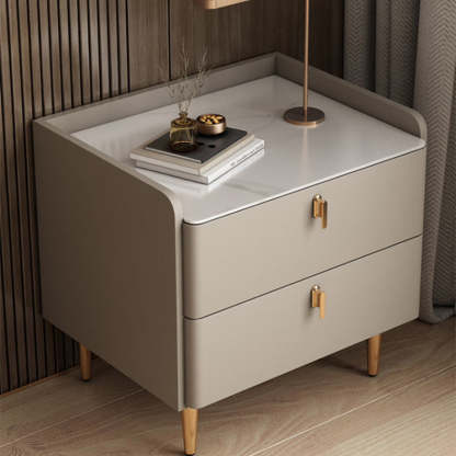 Modern Rock Slab Leather Solid Wood Nightstand 2-Drawer — Light Gray