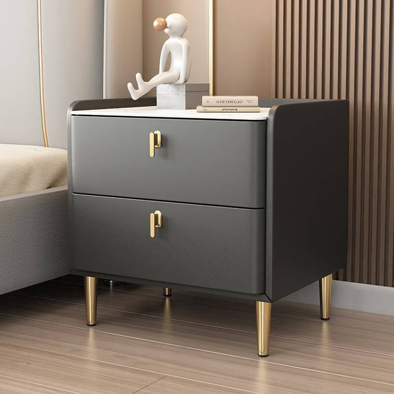 Modern Rock Slab Leather Solid Wood Nightstand 2-Drawer — Dark Gray