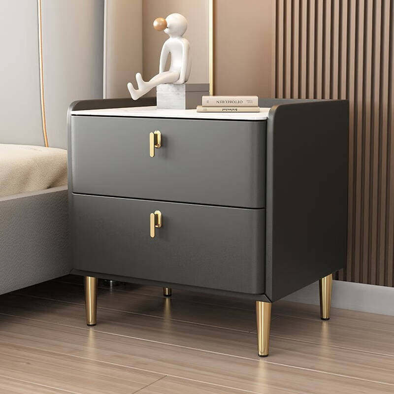 Modern Rock Slab Leather Solid Wood Nightstand 2-Drawer — Dark Gray