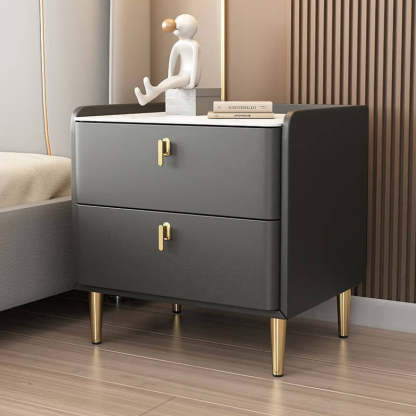 Modern Rock Slab Leather Solid Wood Nightstand 2-Drawer — Dark Gray