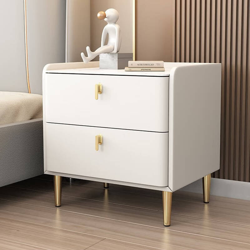 Modern Rock Slab Leather Solid Wood Nightstand 2-Drawer