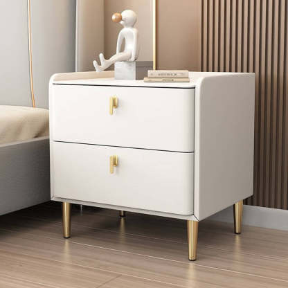 Modern Rock Slab Leather Solid Wood Nightstand 2-Drawer