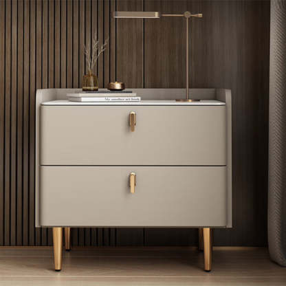 Modern Rock Slab Leather Solid Wood Nightstand 2-Drawer