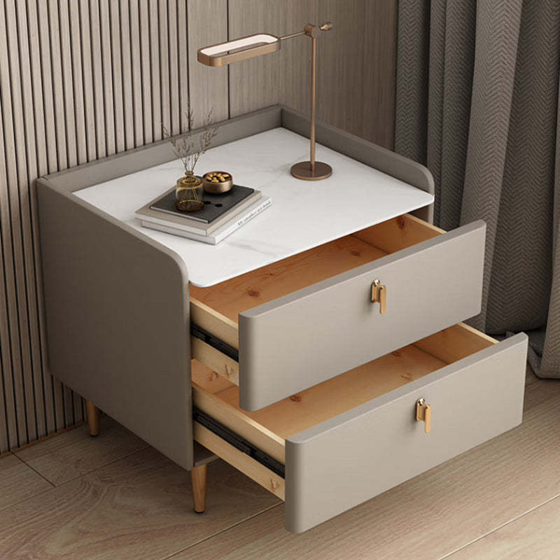 Modern Rock Slab Leather Solid Wood Nightstand 2-Drawer — Dark Gray