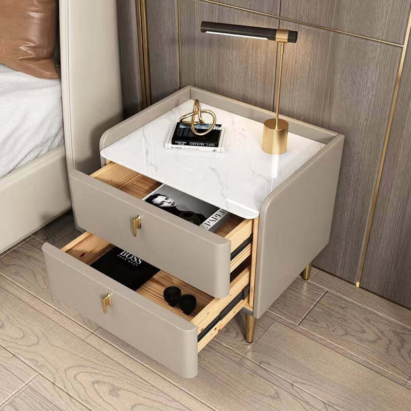 Modern Rock Slab Leather Solid Wood Nightstand 2-Drawer — Champagne