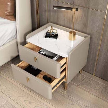 Modern Rock Slab Leather Solid Wood Nightstand 2-Drawer — Champagne