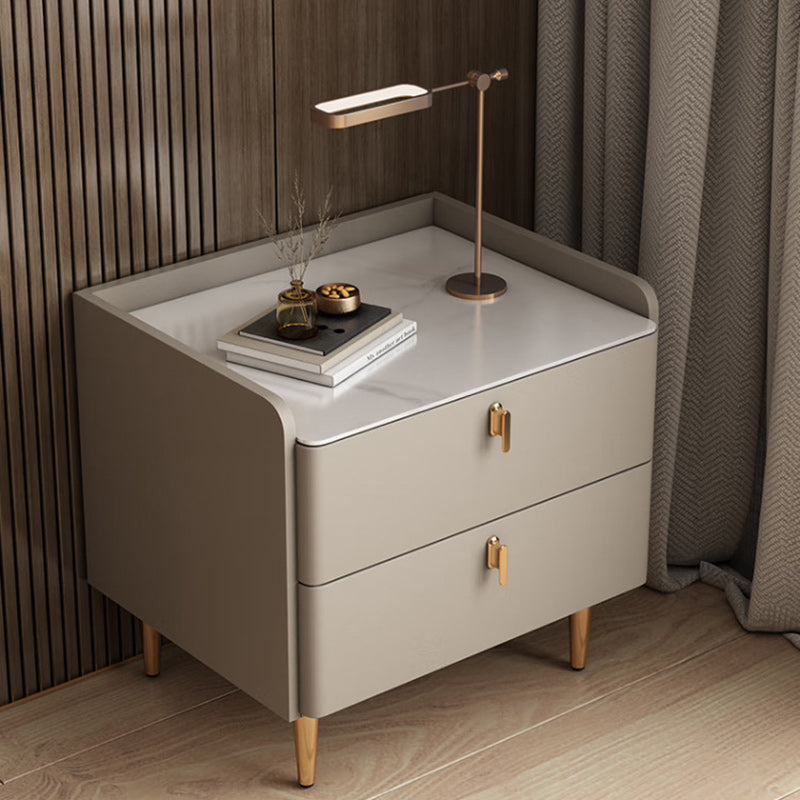 Modern Rock Slab Leather Solid Wood Nightstand 2-Drawer