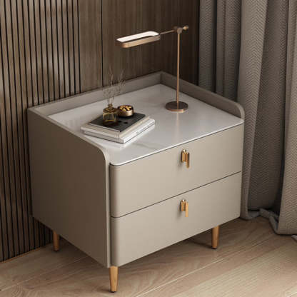 Modern Rock Slab Leather Solid Wood Nightstand 2-Drawer