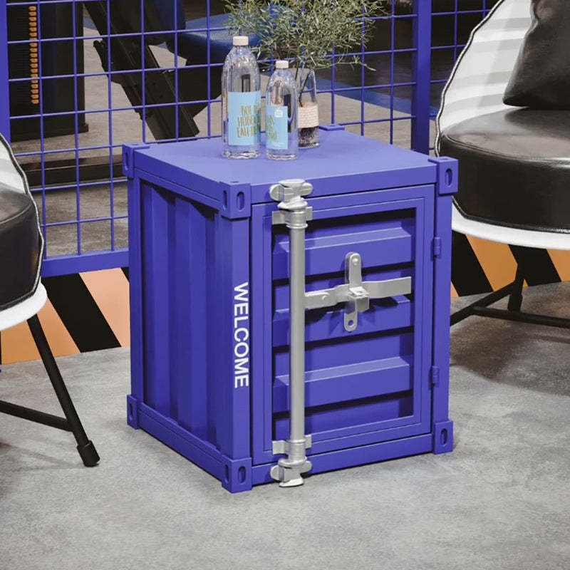 Industrial Striped Container Iron Nightstand — Blue