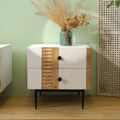 Art Deco Solid Wood Iron 2-Drawer Nightstand — White